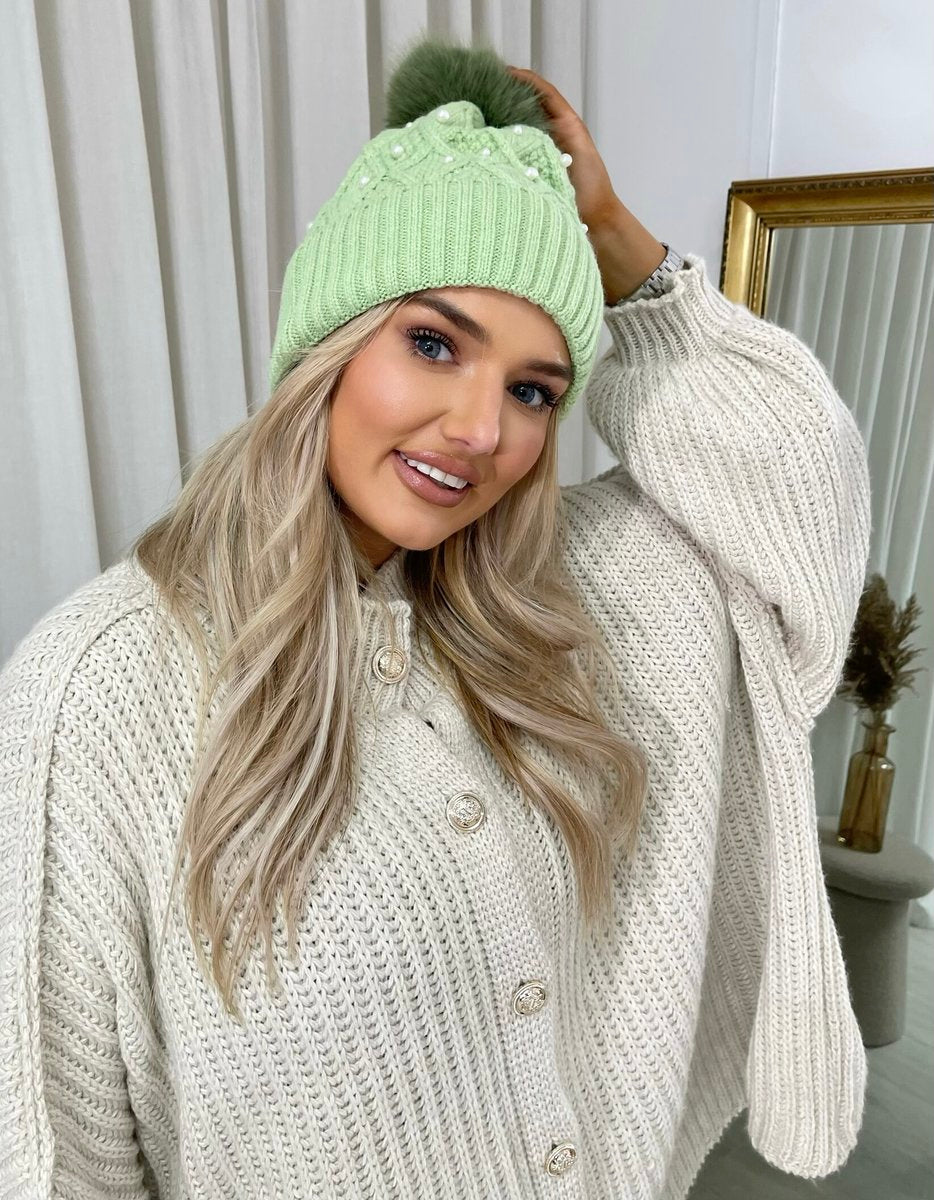 Pom Pom Knitted Winter Hat With Pearl Decor - She Wears Glory Beverly Hills