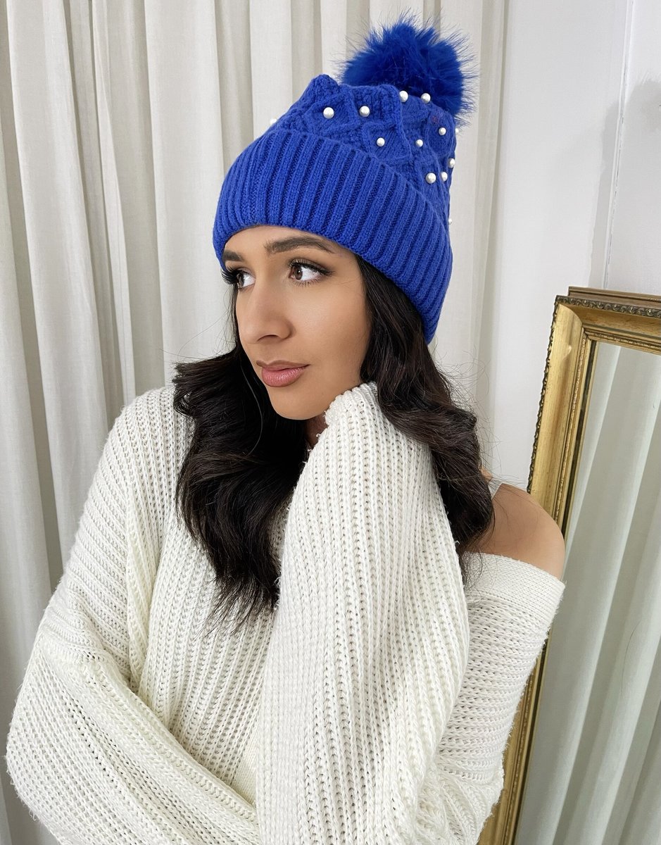 Pom Pom Knitted Winter Hat With Pearl Decor - She Wears Glory Beverly Hills