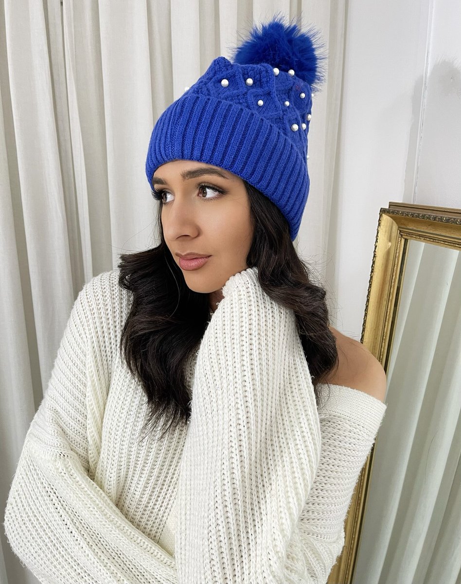 Pom Pom Knitted Winter Hat With Pearl Decor - She Wears Glory Beverly Hills