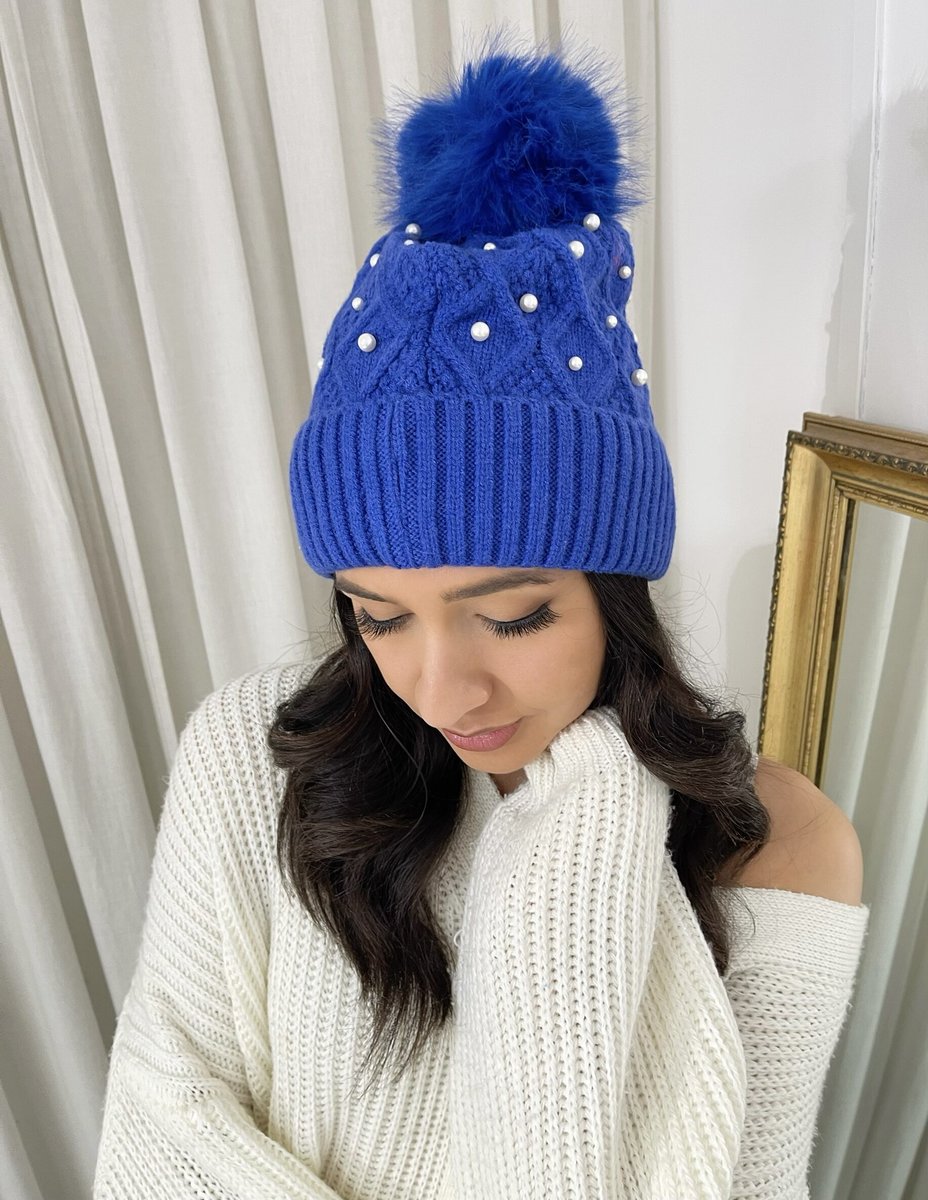 Pom Pom Knitted Winter Hat With Pearl Decor - She Wears Glory Beverly Hills