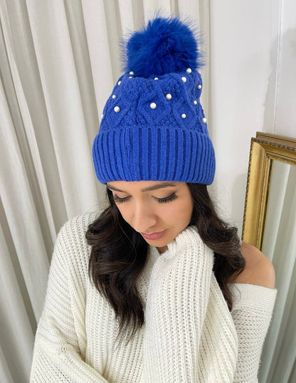 Pom Pom Knitted Winter Hat With Pearl Decor - She Wears Glory Beverly Hills
