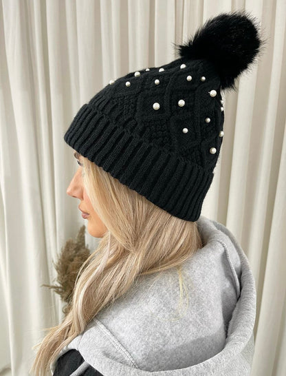 She Wears Glory™ Pom Pom Knitted Winter Hat With Pearl Decor