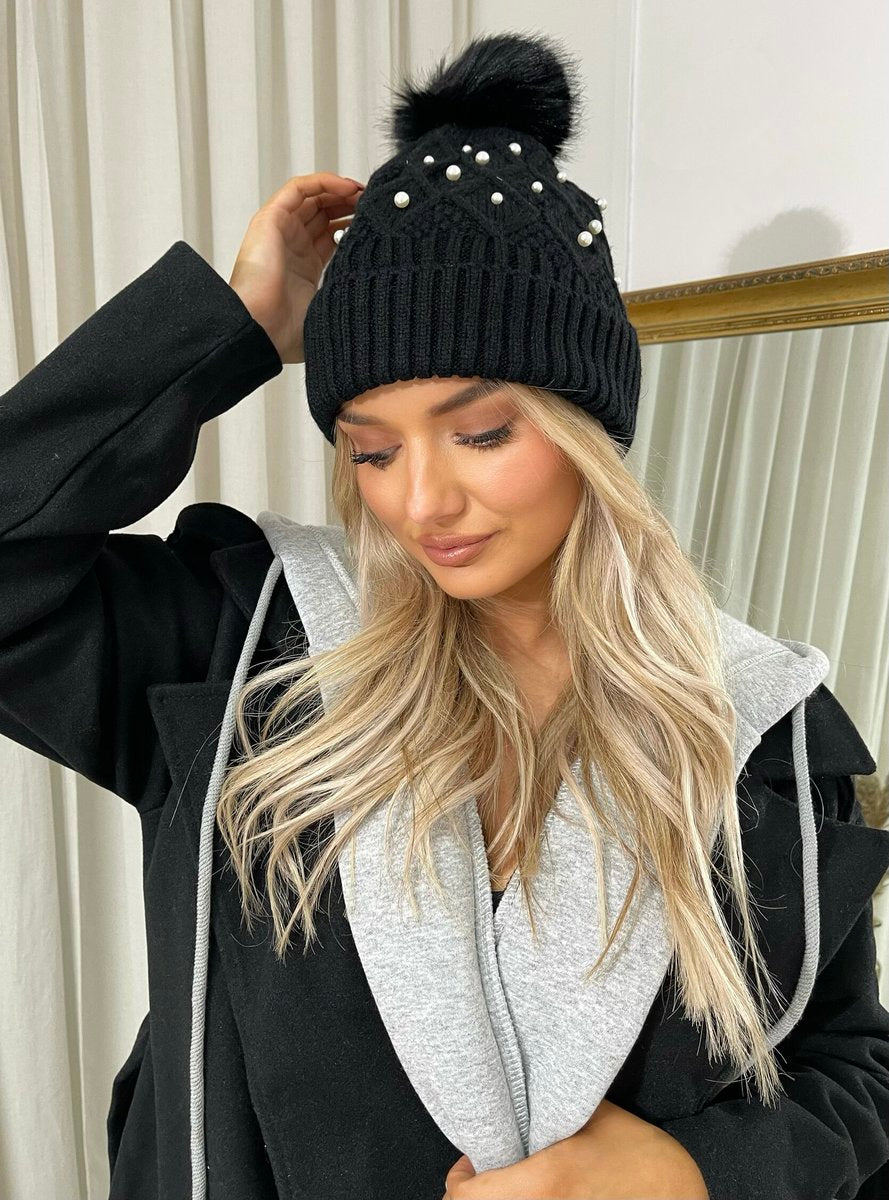 Pom Pom Knitted Winter Hat With Pearl Decor - She Wears Glory Beverly Hills