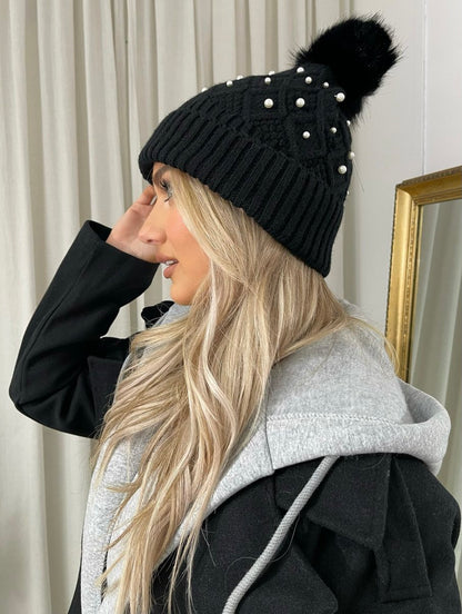 She Wears Glory™ Pom Pom Knitted Winter Hat With Pearl Decor