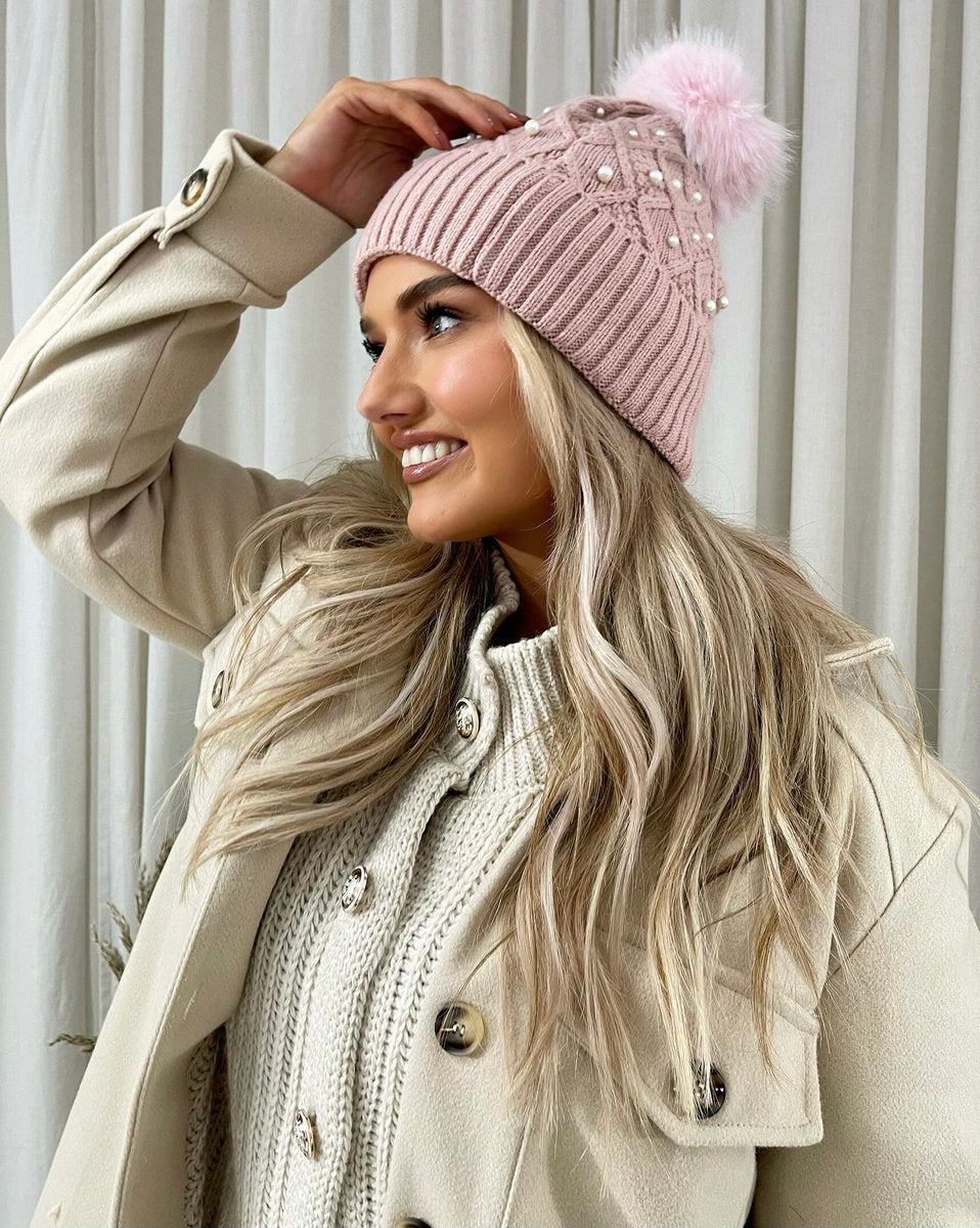 Pom Pom Knitted Winter Hat With Pearl Decor - She Wears Glory Beverly Hills