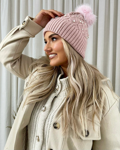 Pom Pom Knitted Winter Hat With Pearl Decor - She Wears Glory Beverly Hills