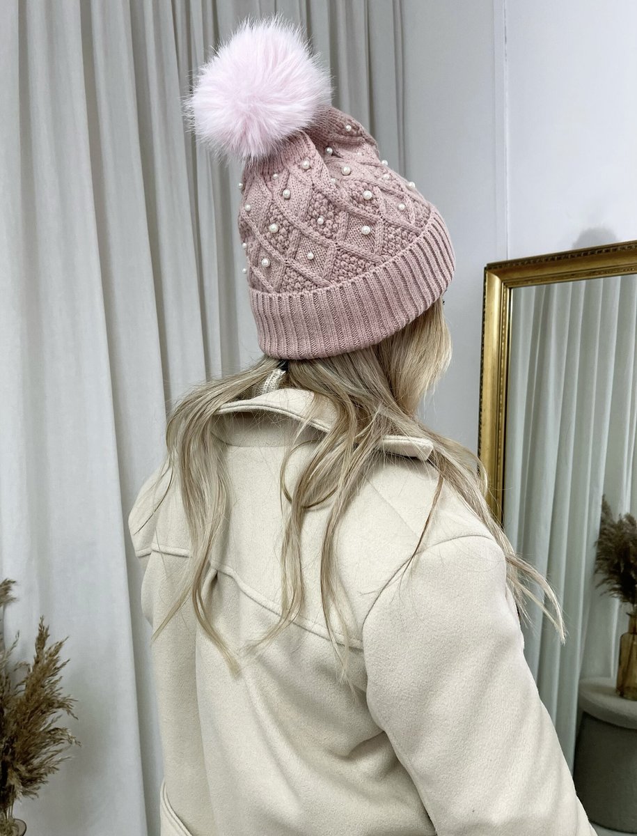 Pom Pom Knitted Winter Hat With Pearl Decor - She Wears Glory Beverly Hills