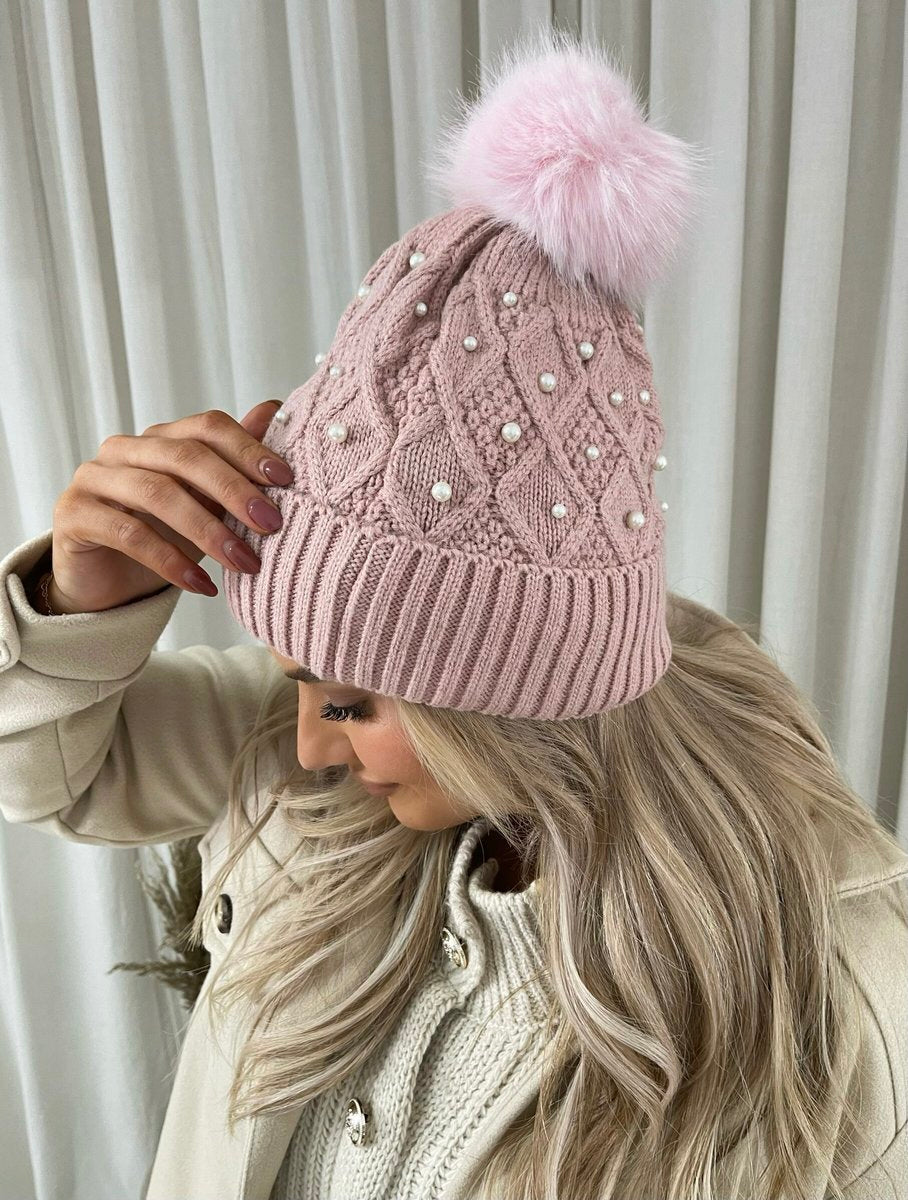 Pom Pom Knitted Winter Hat With Pearl Decor - She Wears Glory Beverly Hills