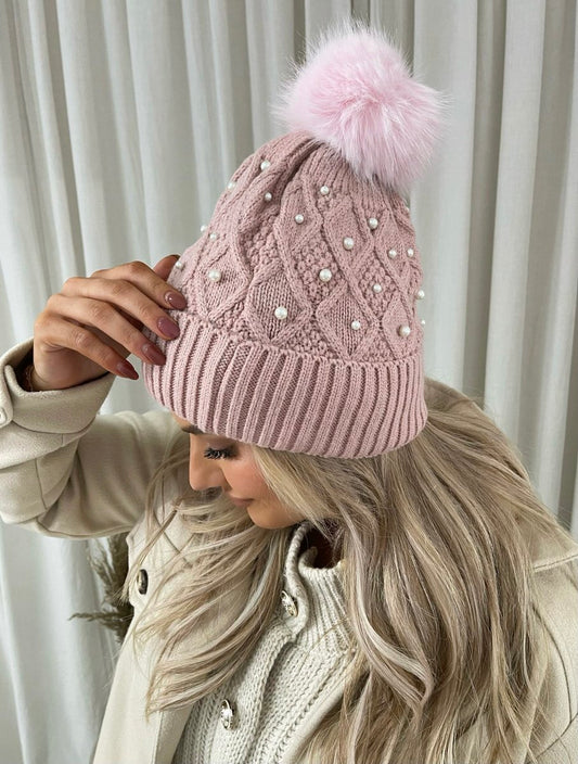 Pom Pom Knitted Winter Hat With Pearl Decor - She Wears Glory Beverly Hills