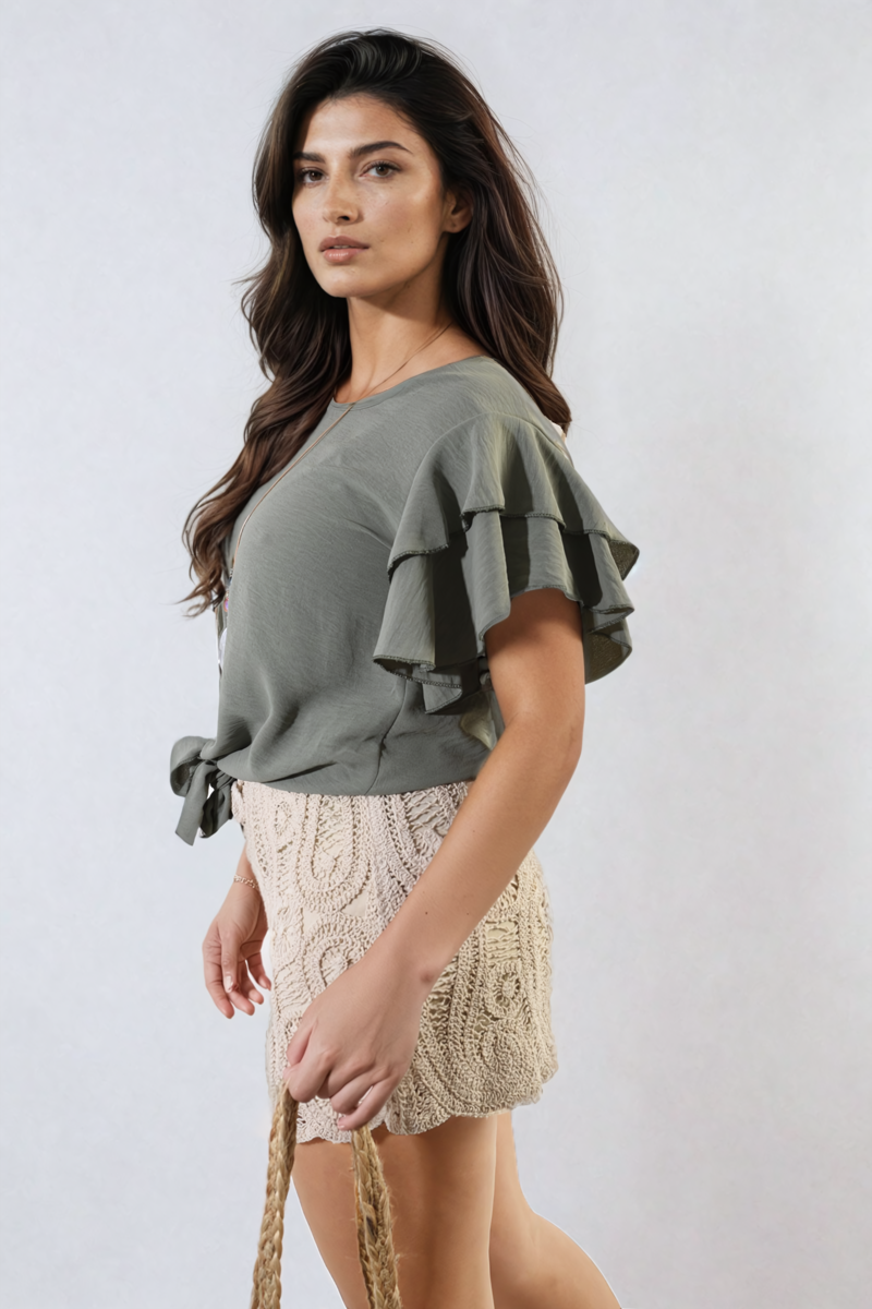 She Wears Glory™ Layered Ruffle Short Sleeve Tie Front Top