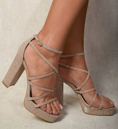 She Wears Glory™ Glitter Platform Ankle Strap Chunky Block High Heels