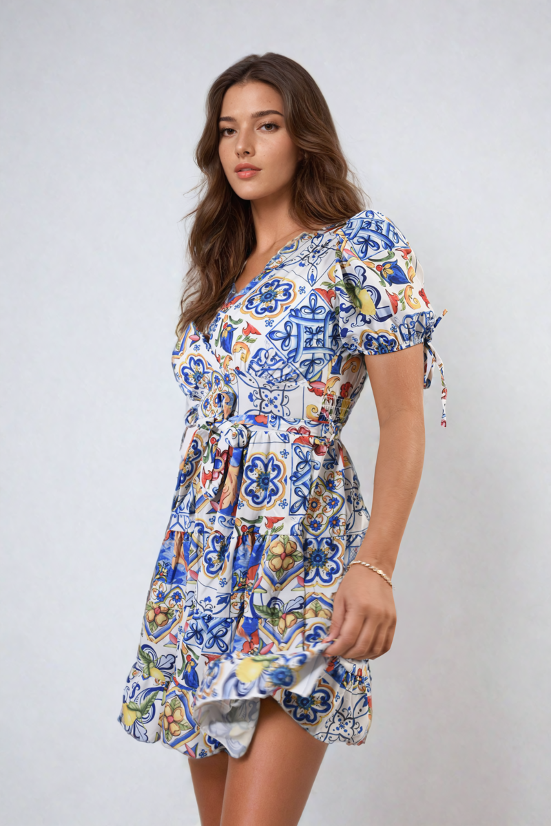 She Wears Glory™ Floral V-Neck Tie Waist Mini Dress