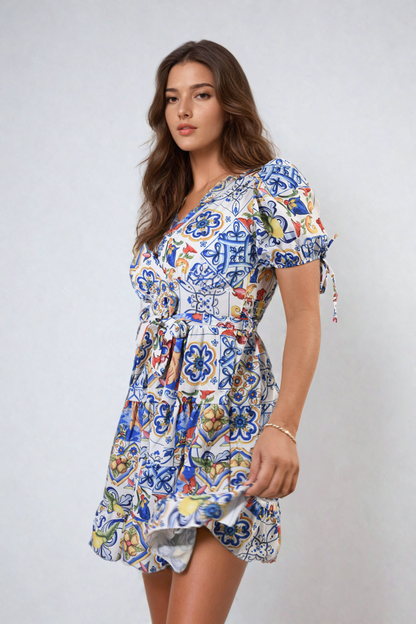 She Wears Glory™ Floral V-Neck Tie Waist Mini Dress
