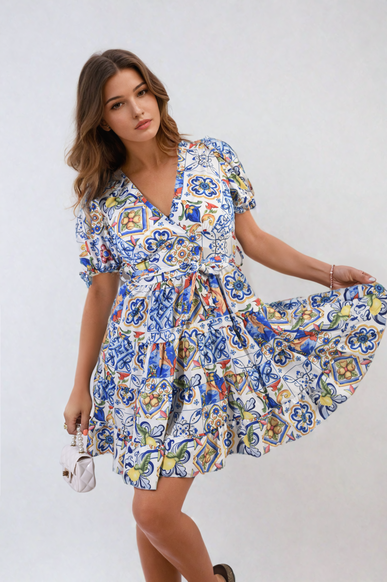 She Wears Glory™ Floral V-Neck Tie Waist Mini Dress