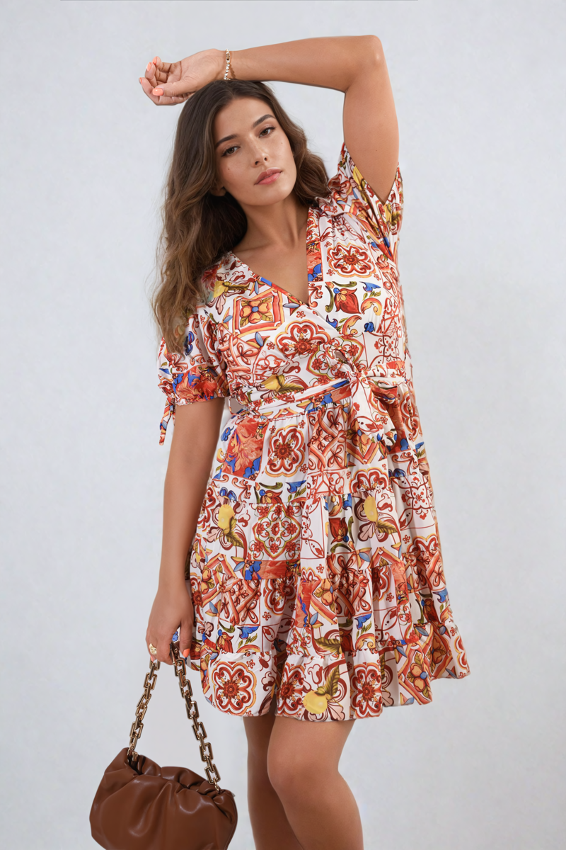 She Wears Glory™ Floral V-Neck Tie Waist Mini Dress