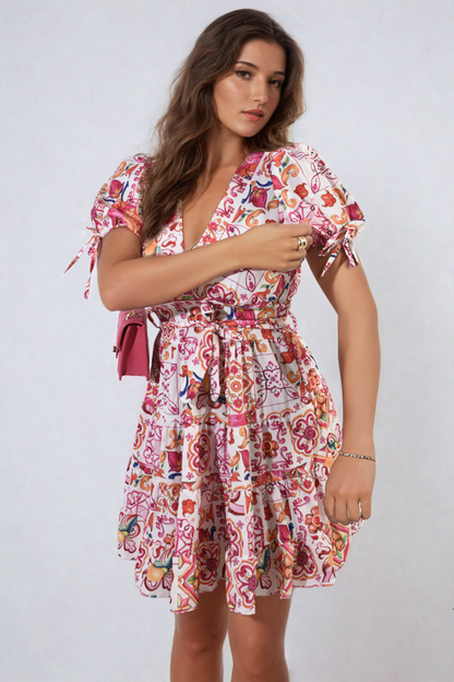 She Wears Glory™ Floral V-Neck Tie Waist Mini Dress