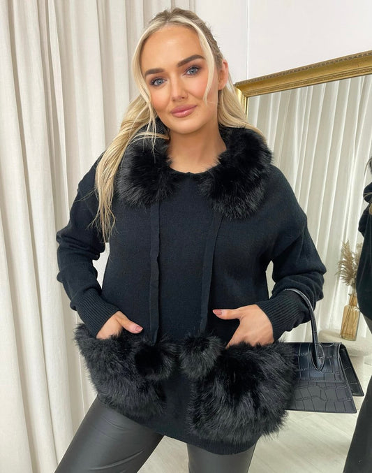 Pompom Faux Fur Trim Knitted Hoodie - She Wears Glory Beverly Hills