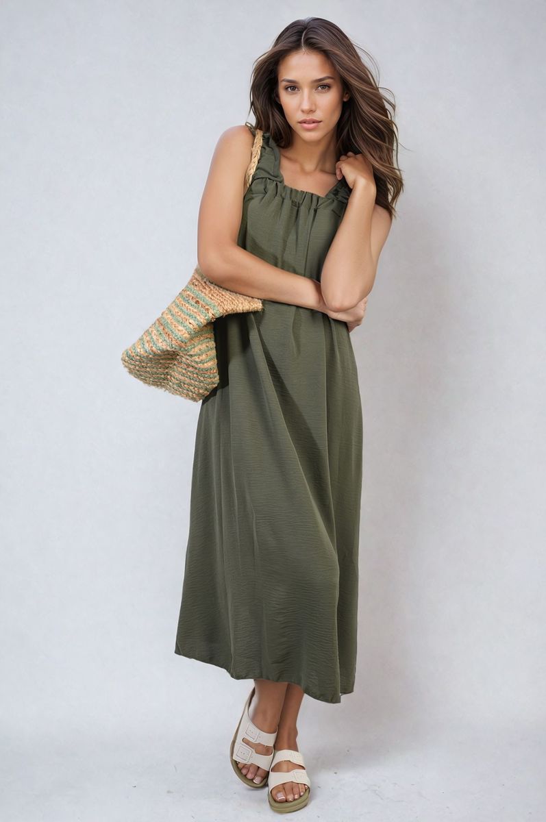 She Wears Glory™ Square Neckline Ruffle Straps Tie Detail Beach Midi Dress