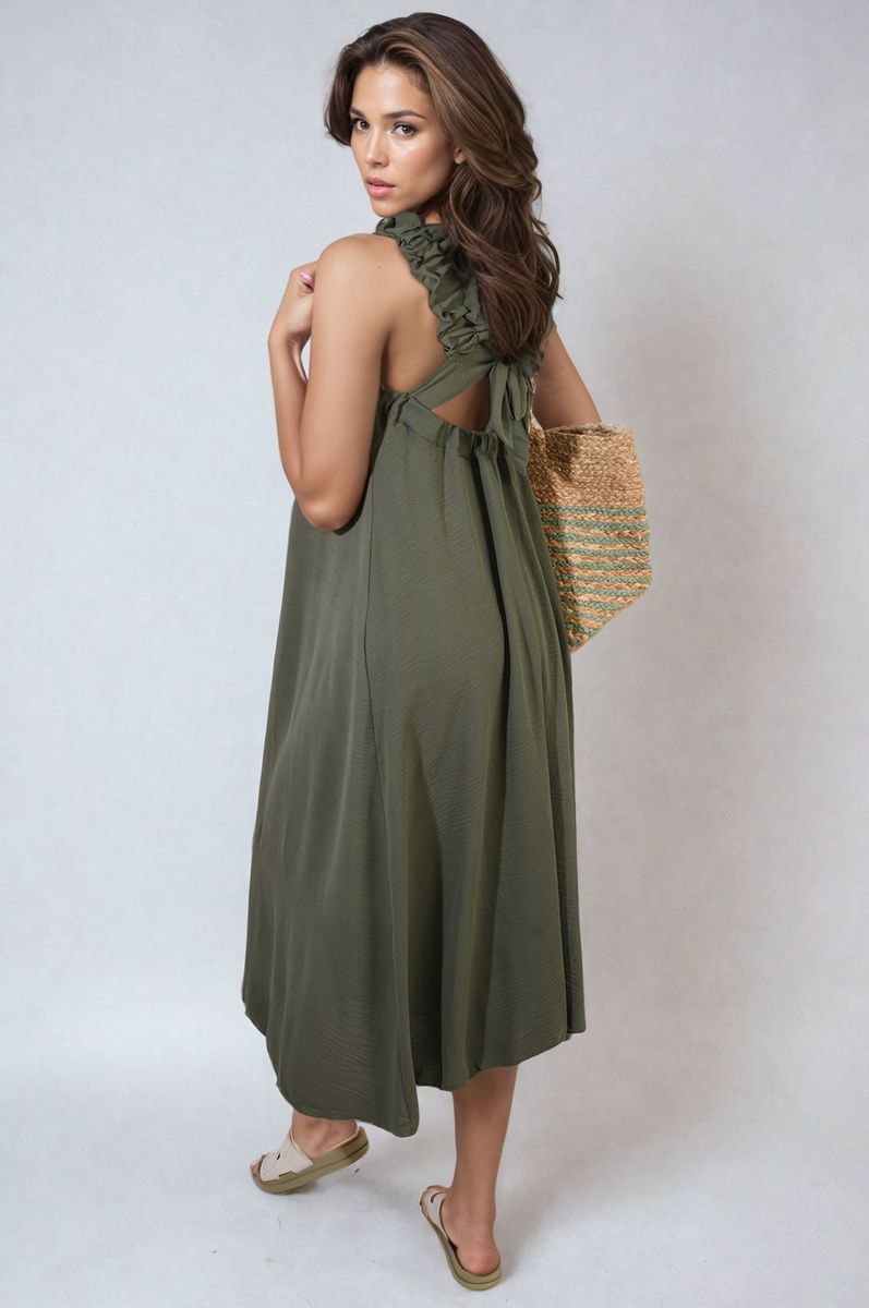 She Wears Glory™ Square Neckline Ruffle Straps Tie Detail Beach Midi Dress