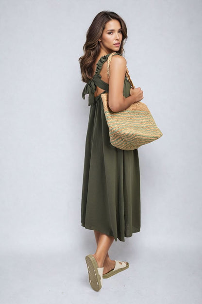 She Wears Glory™ Square Neckline Ruffle Straps Tie Detail Beach Midi Dress