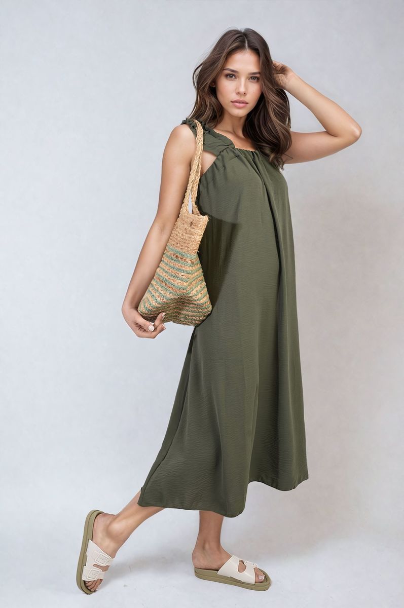 She Wears Glory™ Square Neckline Ruffle Straps Tie Detail Beach Midi Dress