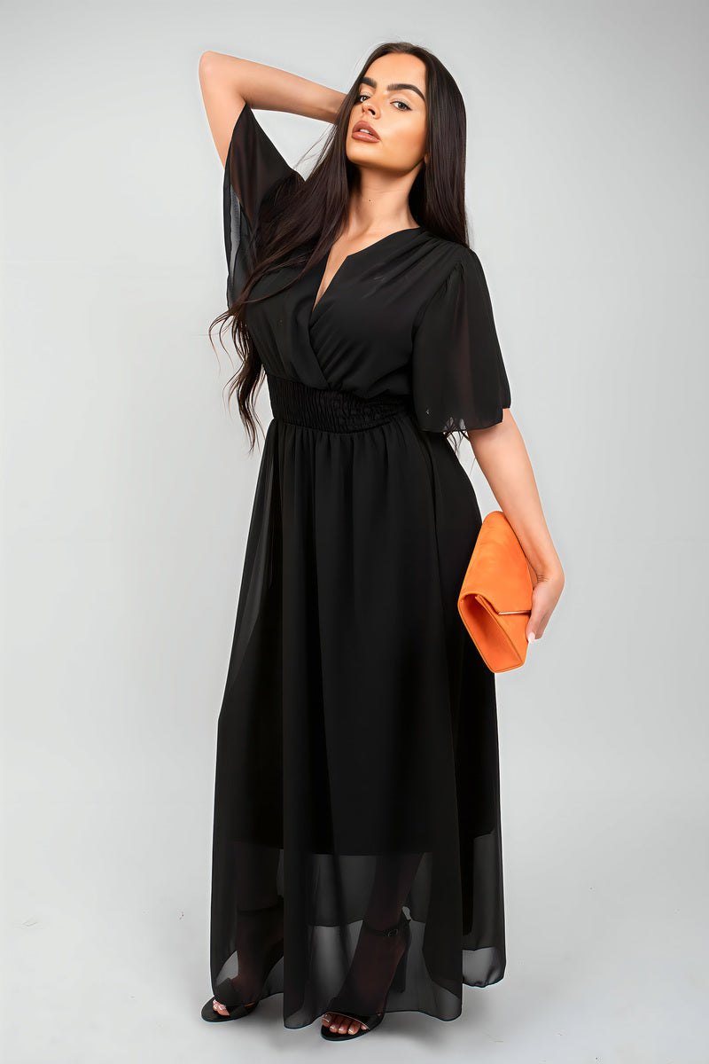 Smocked Waist V Neck Short Sleeve Flowy Maxi Dress - She Wears Glory Beverly Hills
