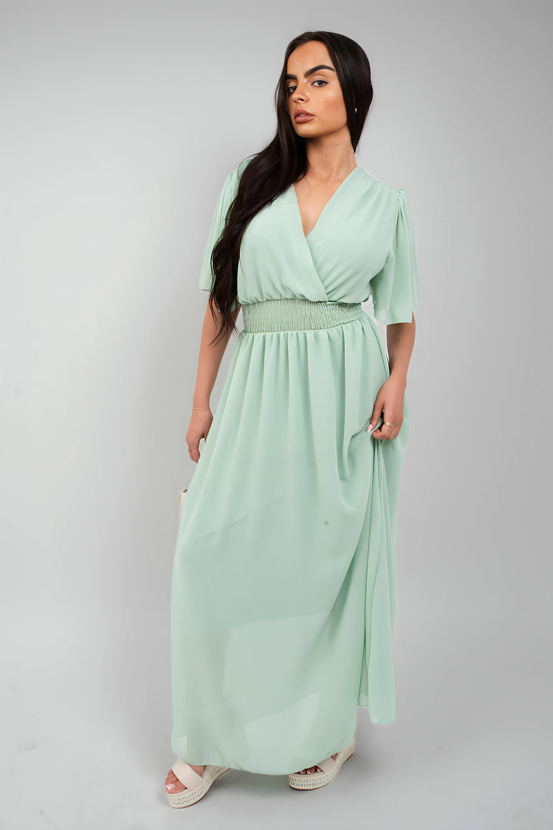 Smocked Waist V Neck Short Sleeve Flowy Maxi Dress - She Wears Glory Beverly Hills