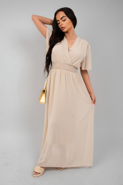 Smocked Waist V Neck Short Sleeve Flowy Maxi Dress - She Wears Glory Beverly Hills