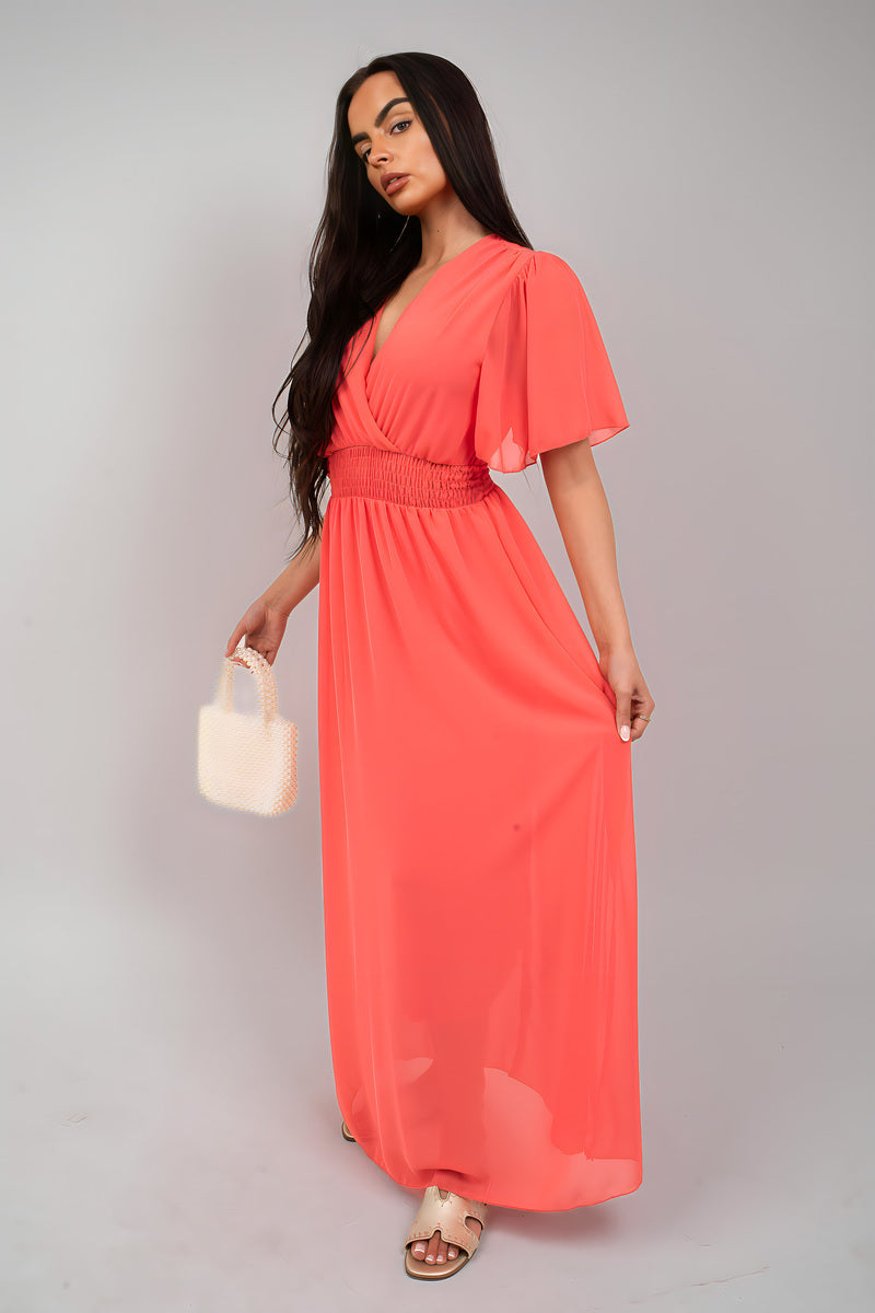 Smocked Waist V Neck Short Sleeve Flowy Maxi Dress - She Wears Glory Beverly Hills