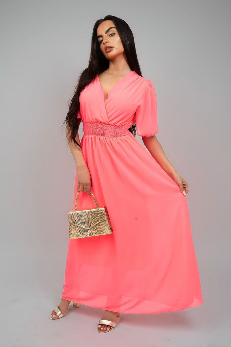 Smocked Waist V Neck Short Sleeve Flowy Maxi Dress - She Wears Glory Beverly Hills