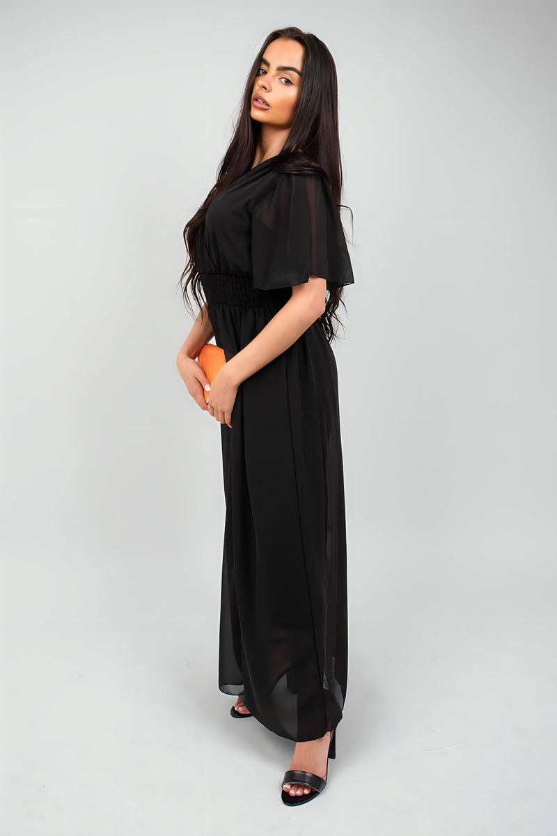 Smocked Waist V Neck Short Sleeve Flowy Maxi Dress - She Wears Glory Beverly Hills