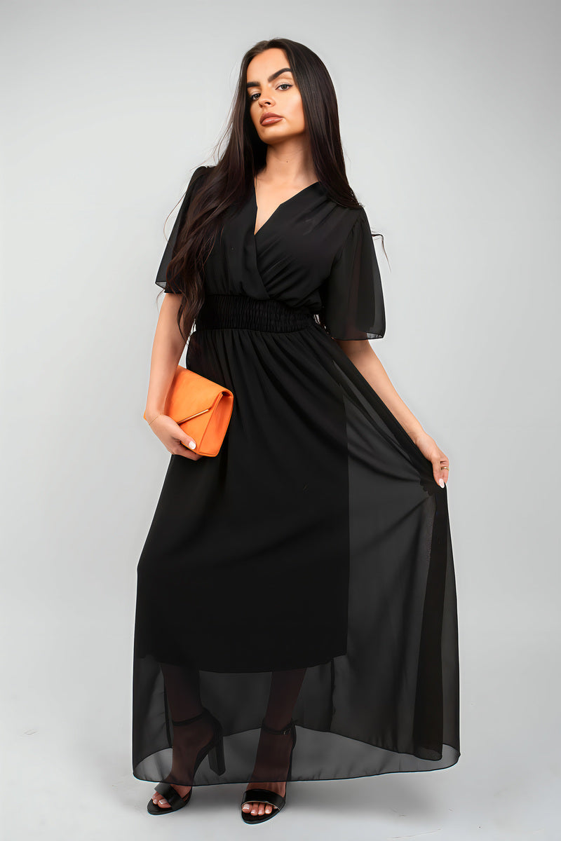 Smocked Waist V Neck Short Sleeve Flowy Maxi Dress - She Wears Glory Beverly Hills