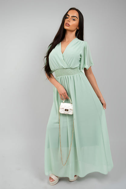 Smocked Waist V Neck Short Sleeve Flowy Maxi Dress - She Wears Glory Beverly Hills