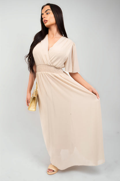 Smocked Waist V Neck Short Sleeve Flowy Maxi Dress - She Wears Glory Beverly Hills