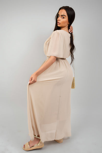Smocked Waist V Neck Short Sleeve Flowy Maxi Dress - She Wears Glory Beverly Hills
