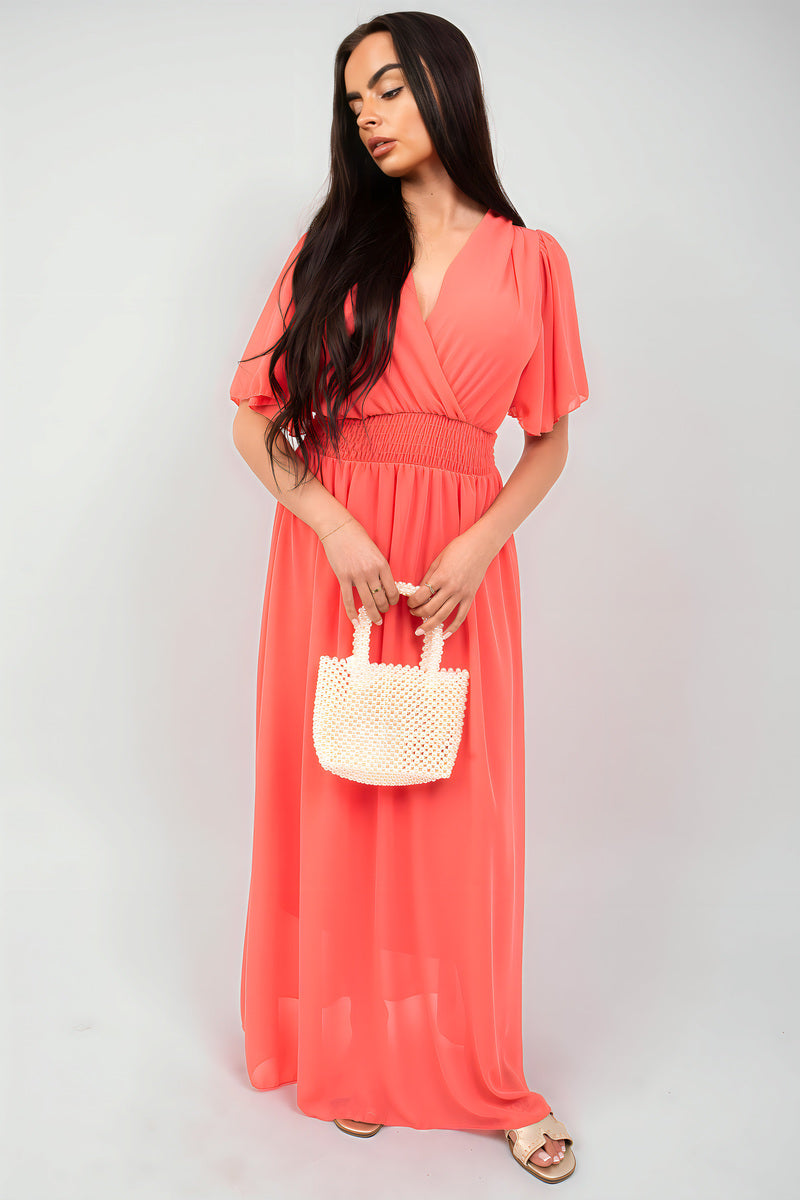Smocked Waist V Neck Short Sleeve Flowy Maxi Dress - She Wears Glory Beverly Hills
