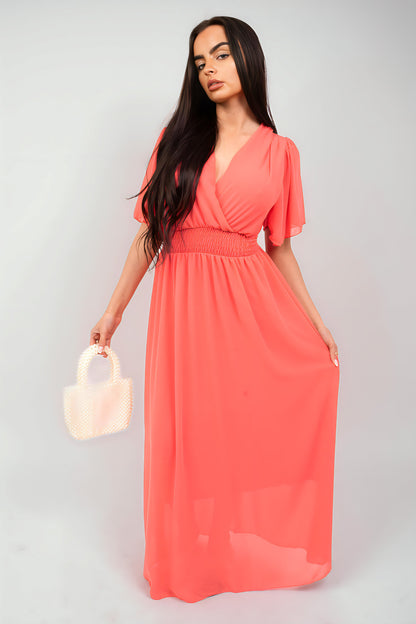 Smocked Waist V Neck Short Sleeve Flowy Maxi Dress - She Wears Glory Beverly Hills