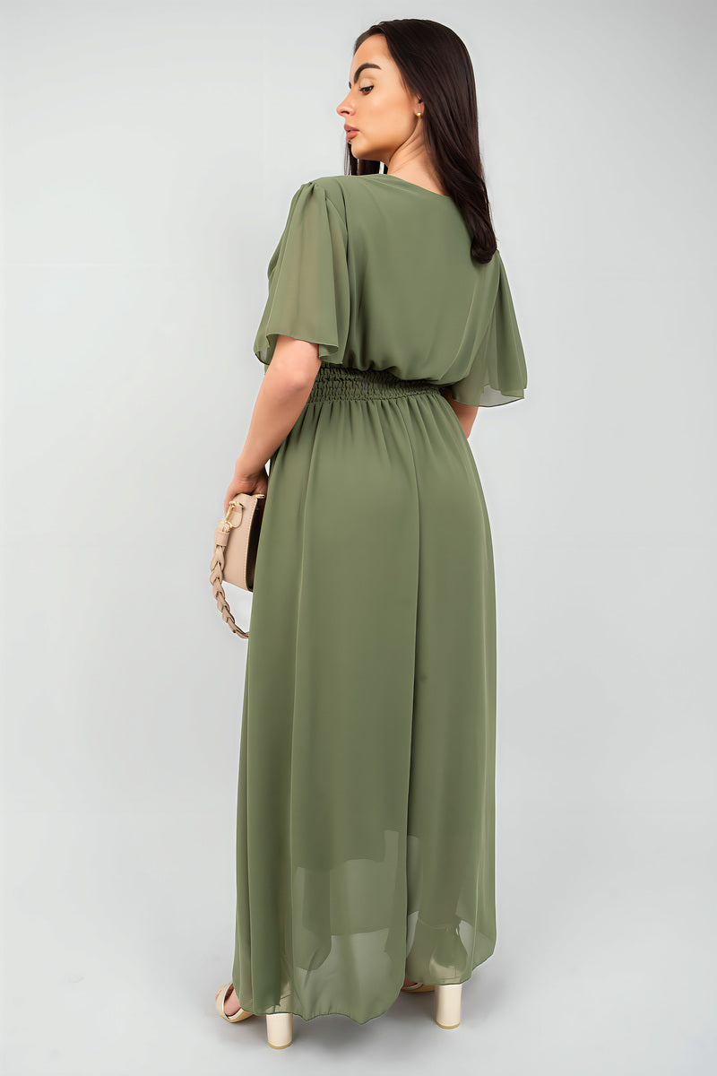 Smocked Waist V Neck Short Sleeve Flowy Maxi Dress - She Wears Glory Beverly Hills