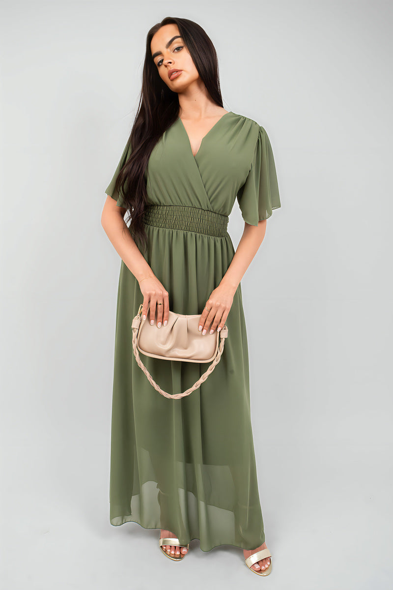 Smocked Waist V Neck Short Sleeve Flowy Maxi Dress - She Wears Glory Beverly Hills