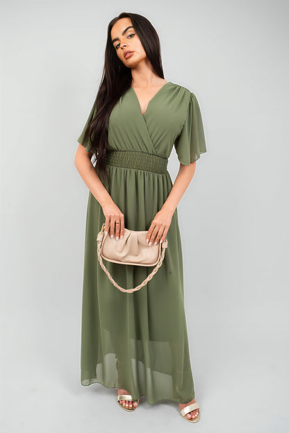 Smocked Waist V Neck Short Sleeve Flowy Maxi Dress - She Wears Glory Beverly Hills