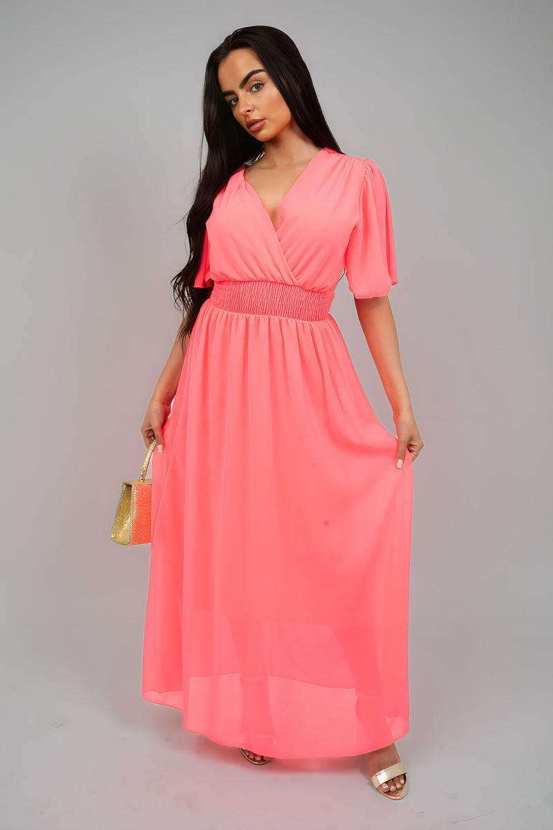 Smocked Waist V Neck Short Sleeve Flowy Maxi Dress - She Wears Glory Beverly Hills