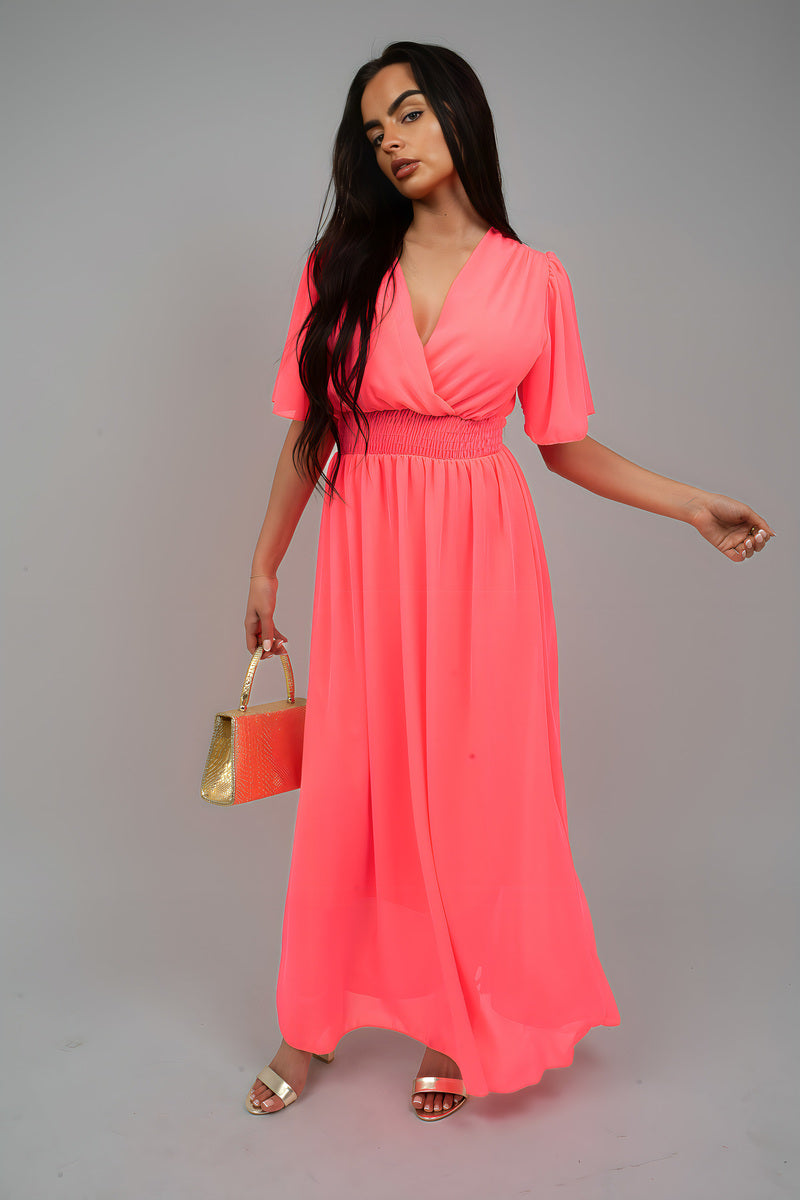 Smocked Waist V Neck Short Sleeve Flowy Maxi Dress - She Wears Glory Beverly Hills