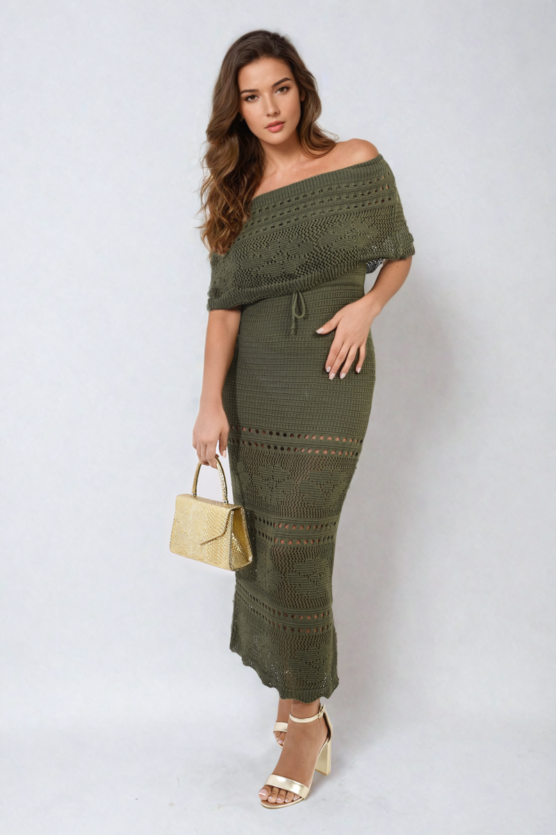 She Wears Glory™ Knit Crochet Off Shoulder Maxi Dress