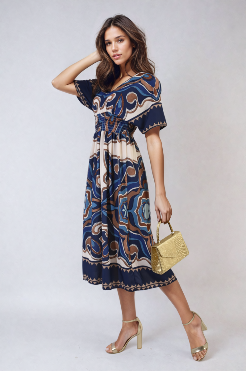 She Wears Glory™ Ruched Printed V-Neck Short Sleeve Midi Dress