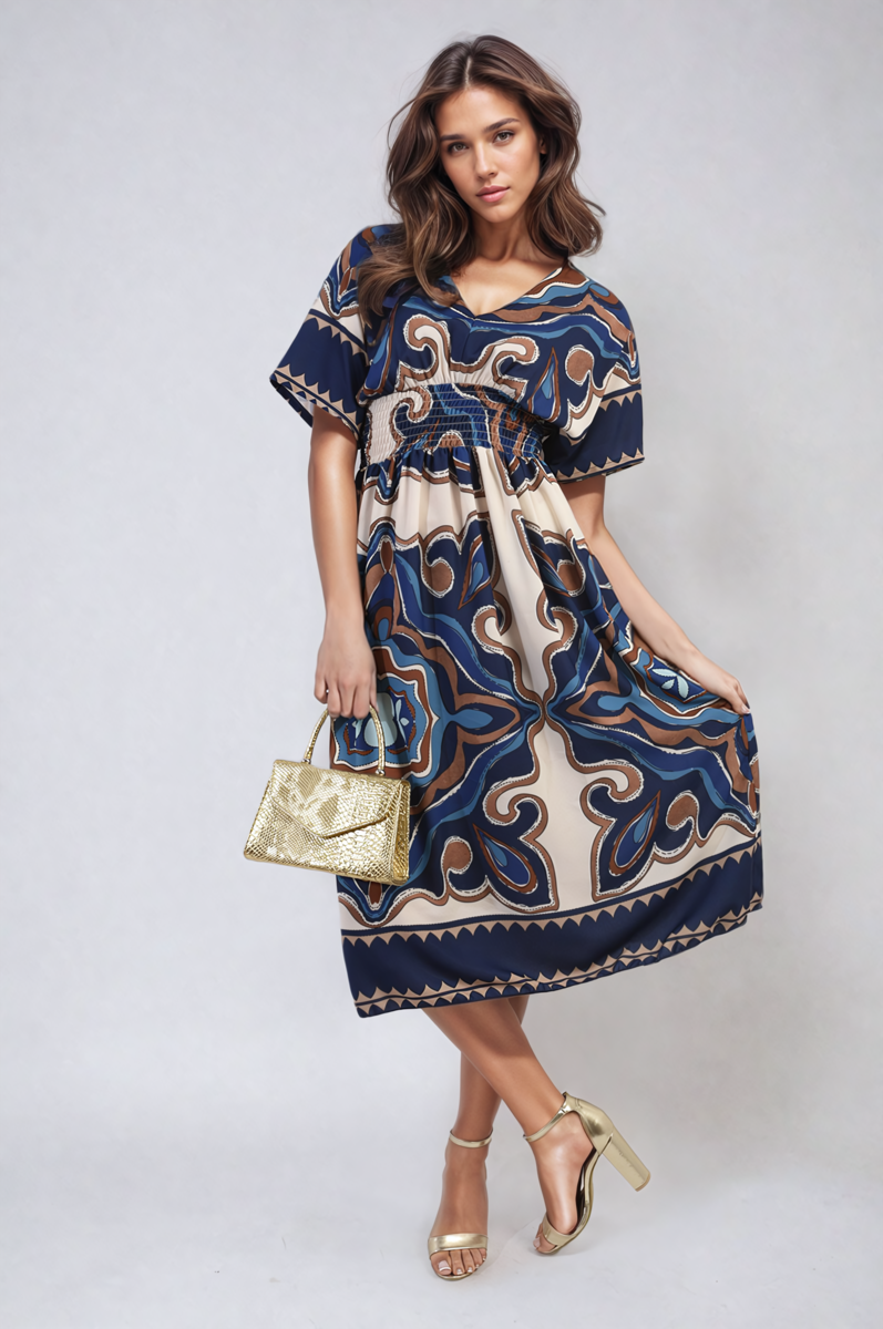 She Wears Glory™ Ruched Printed V-Neck Short Sleeve Midi Dress