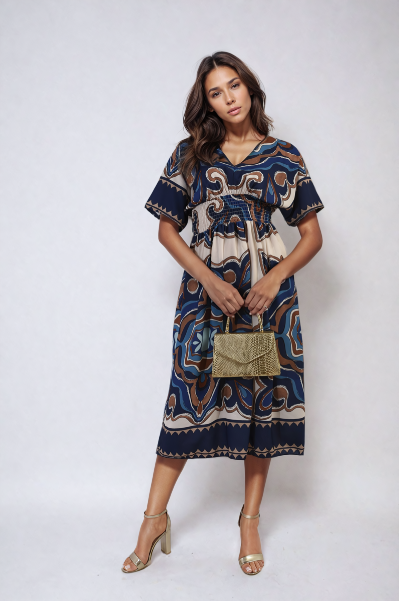 She Wears Glory™ Ruched Printed V-Neck Short Sleeve Midi Dress