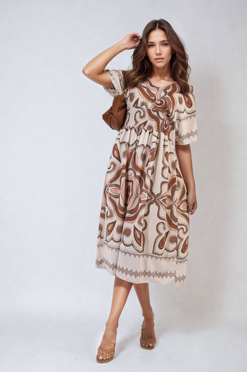 She Wears Glory™ Ruched Printed V-Neck Short Sleeve Midi Dress