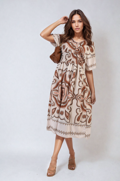 She Wears Glory™ Ruched Printed V-Neck Short Sleeve Midi Dress