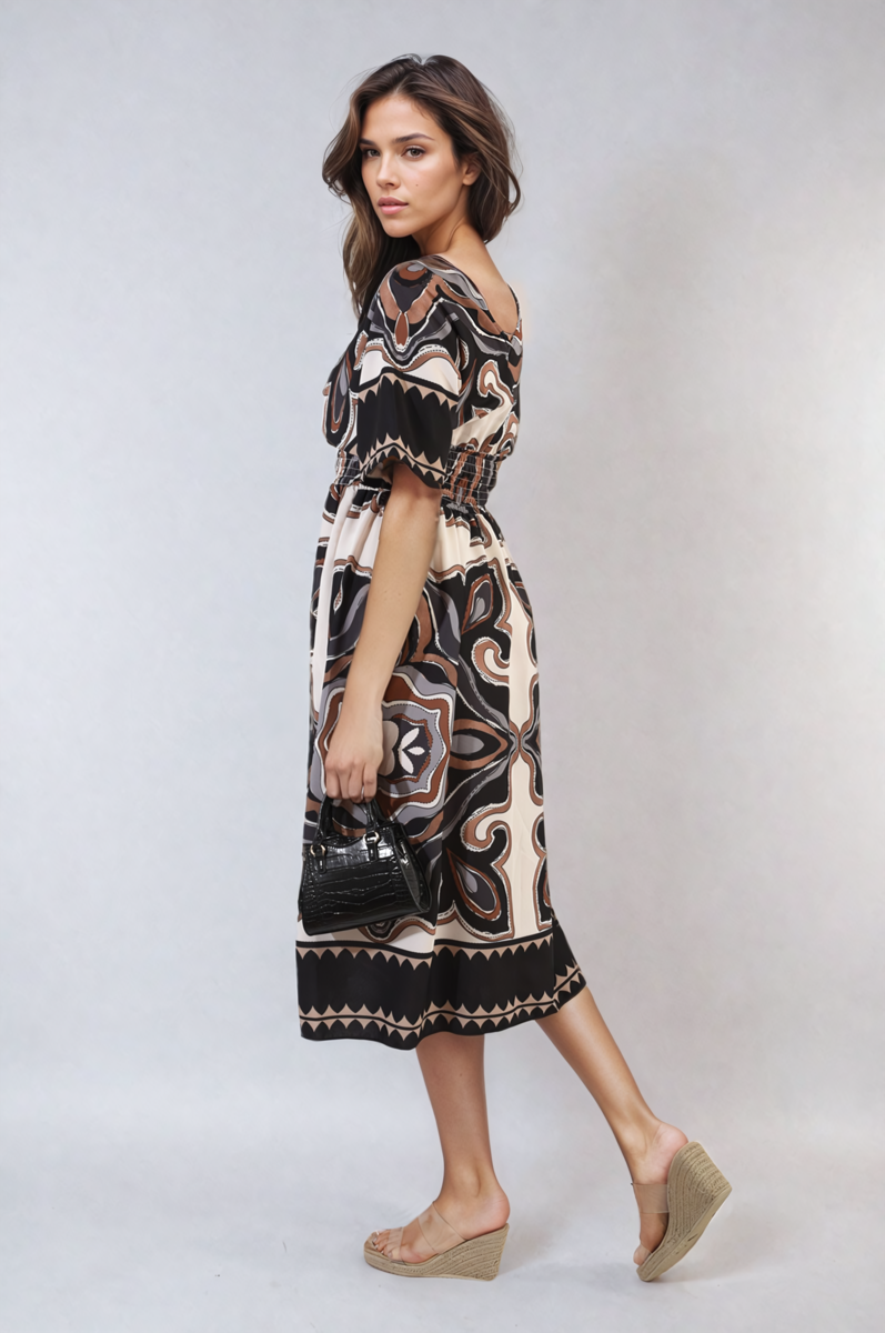She Wears Glory™ Ruched Printed V-Neck Short Sleeve Midi Dress