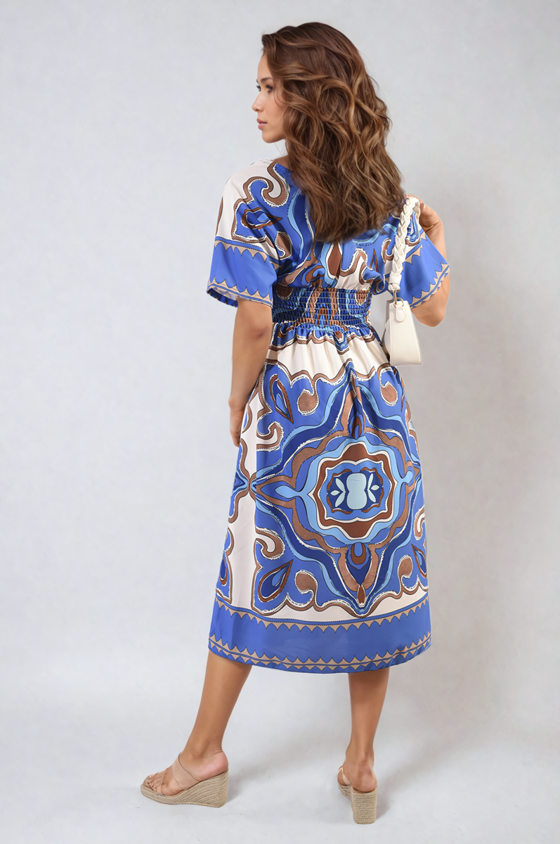 She Wears Glory™ Ruched Printed V-Neck Short Sleeve Midi Dress